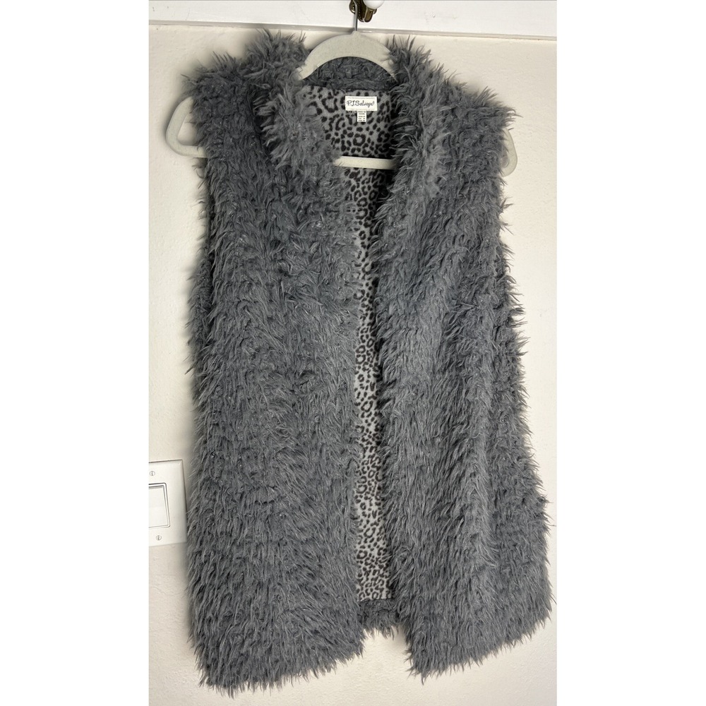 PJ Salvage Shaggy Faux Fur Vest M Animal Print Soft Reversible Open Front POCKET